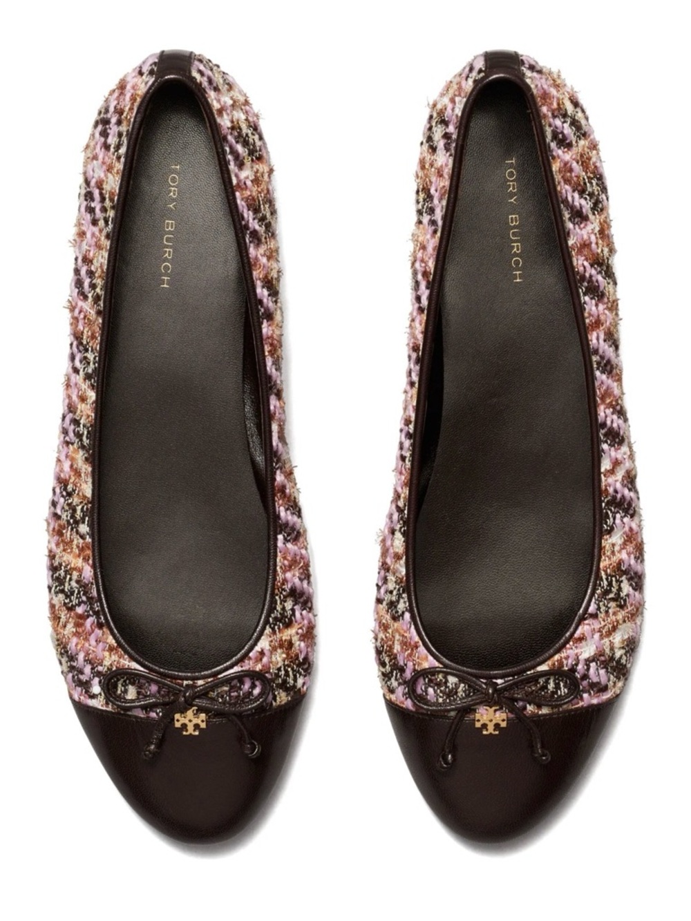 Tory Burch Multicolor Pink Tweed Ballet Flats with Brown Cap Toe